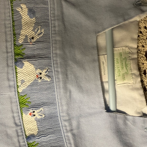 Baby boy smocked romper with beautiful embroidered bunnies. Perfect for Easter - Picture 3 of 3